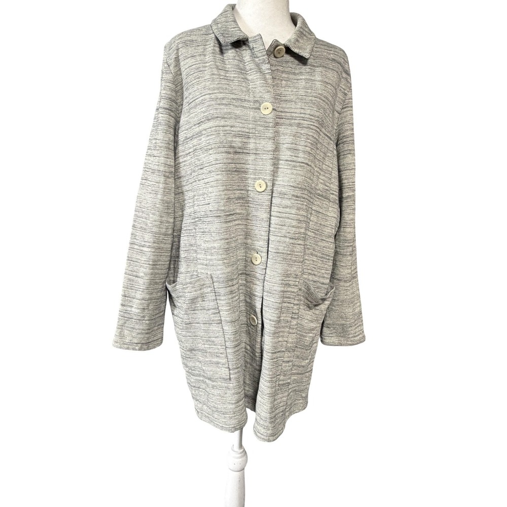 Eileen Fisher Coat Womens Medium Gray Herringbone Knit Button Front Pockets